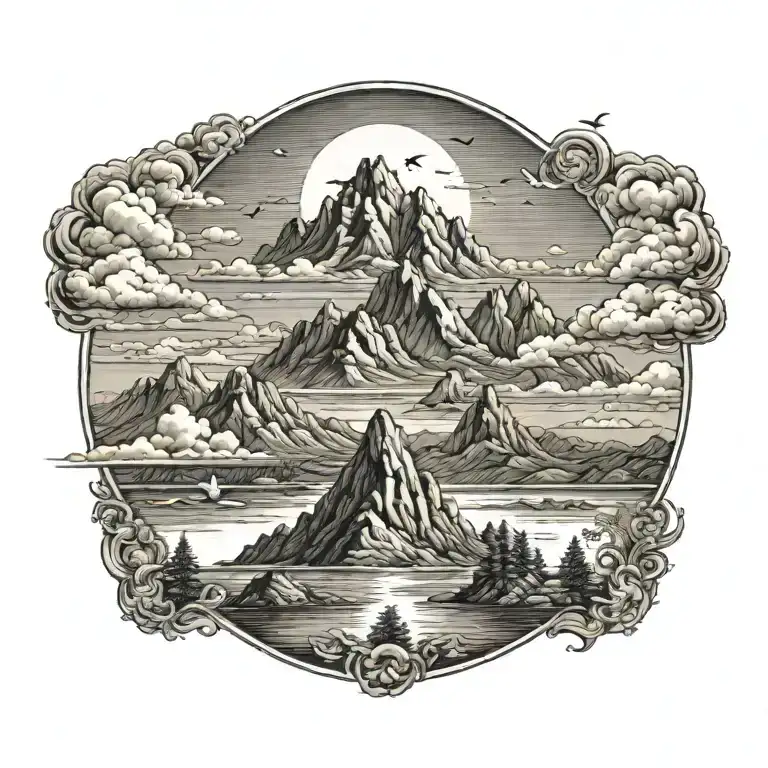 Large Mountain Sun Clouds And Birds Surrounded By Receding Water