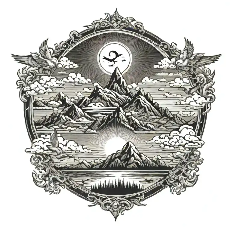 Large Mountain Sun Clouds And Birds Surrounded By Receding Water