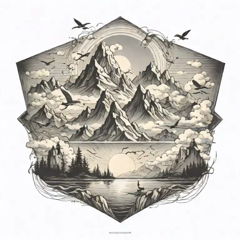 Large Mountain With Sun Clouds And Birds Surrounded By Receding Torrents Of Water