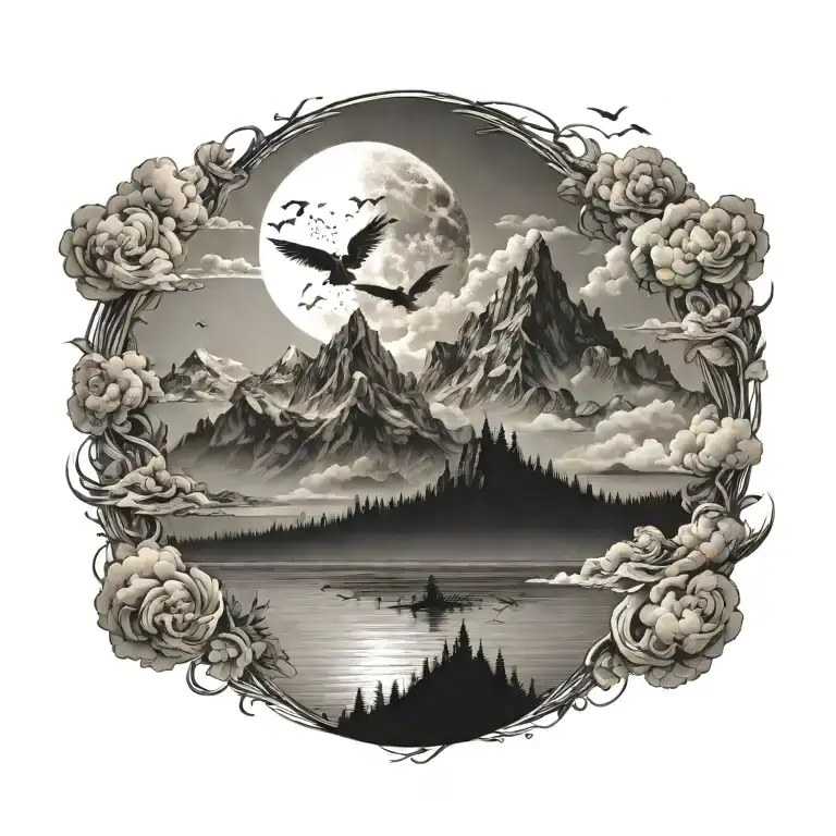 Large Mountain With Sun Clouds And Birds Surrounded By Receding Torrents Of Water After The Flood