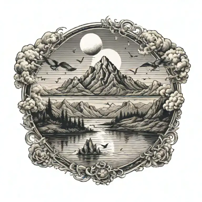 Large Mountain With Sun Clouds And Birds Surrounded By Flood Water