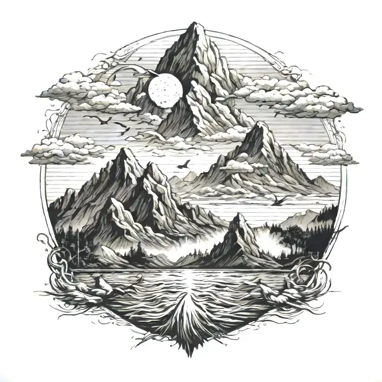 Large Mountain With Sun Clouds And Birds Surrounded By Rough Flood Water