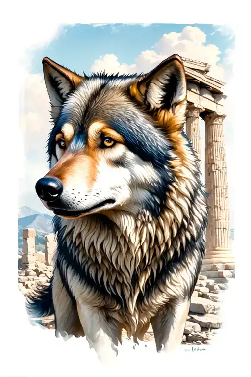 Wolf In Front Of A Greek Temple Ruins