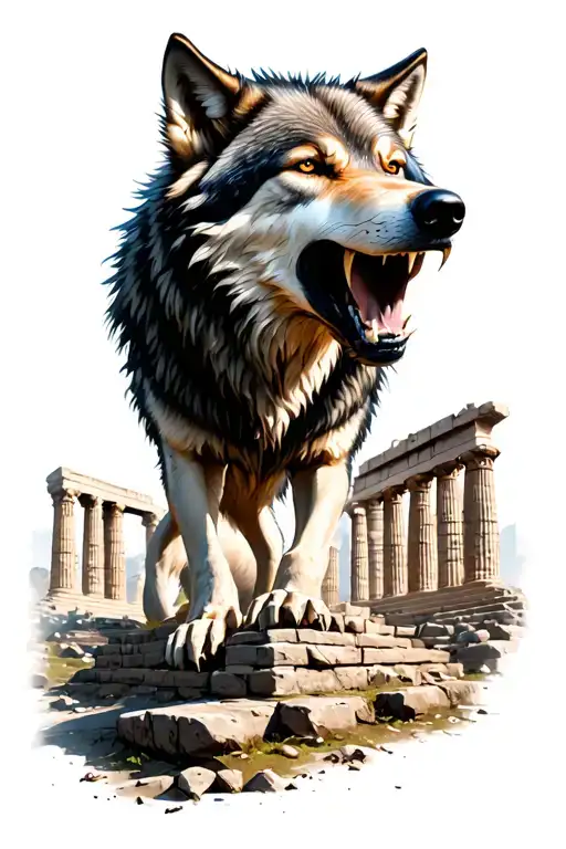 Wolf Growling Front Of A Greek Temple Ruins