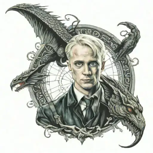 A Realistic Portrait Of Draco Malfoy With A Dragon In The Background