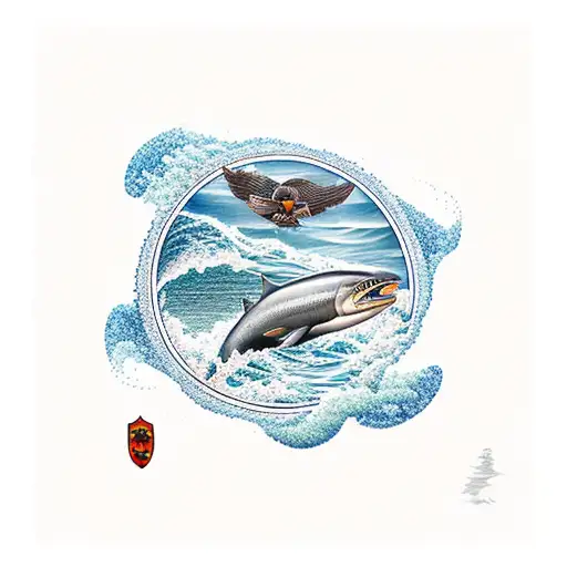 Ocean Scene In Hakai Pass With Salmon Jumping And Eagle Flying Over