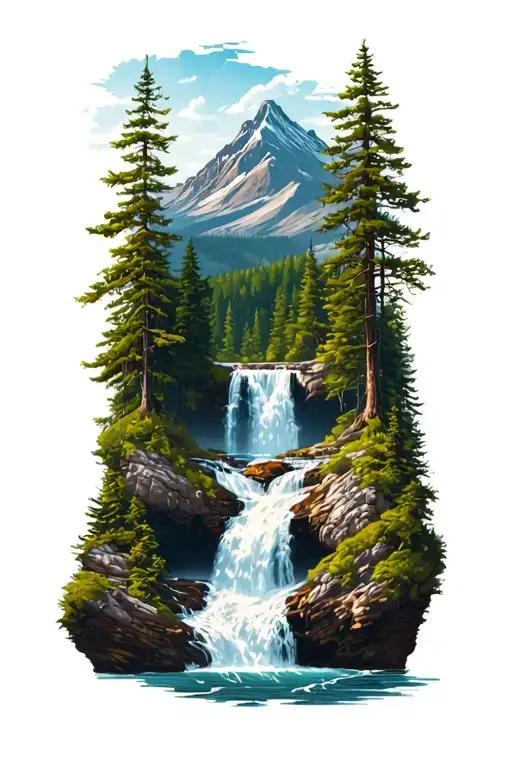 Waterfall In Forrest With Mountain In Bagground