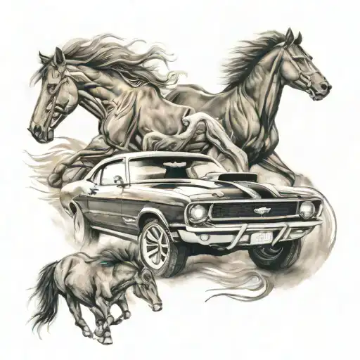 A Detailed Tattoo Featuring A Powerful American Muscle Car Surrounded By Wild Horses Running Free
