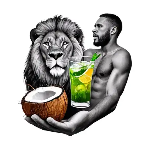 Lions And Haiti Tattoo And Men Drinking Coconut Water In Hand
