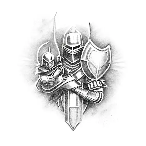 Guardian Warrior With Armor Holding An Infant In One Hand And A Severed Head In The Other Hand