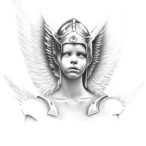 Angel Warrior With Armor Holding An Infant In One Hand And A Severed Head In The Other Hand