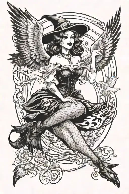 Witchy Pin Up Girl Holdi G A Duck Flying