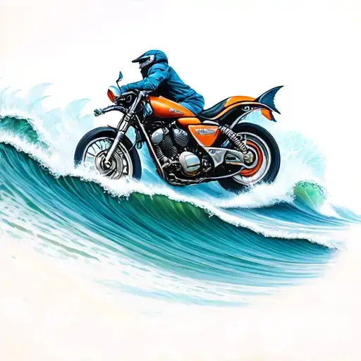 Motorcycle Riding Through Ocean Waves Forming Fish