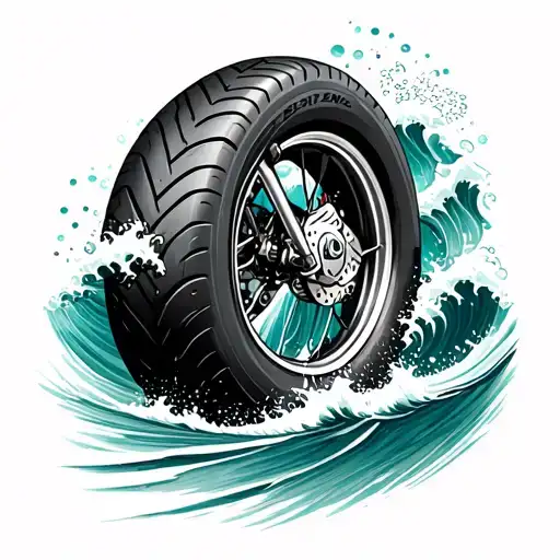Motorcycle Tire In Ocean Waves Forming Fish Jumping