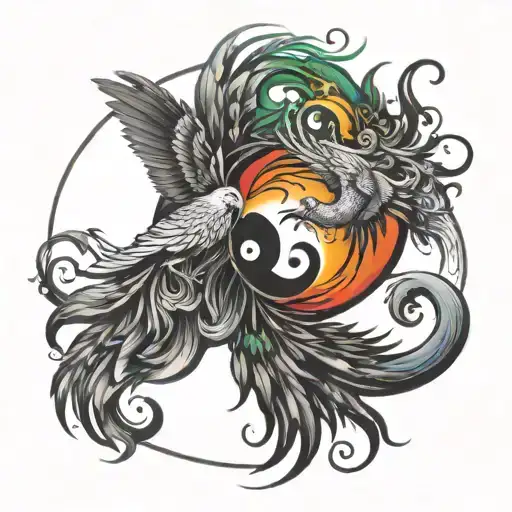 Phoenix And Ying Yang And Rainbow