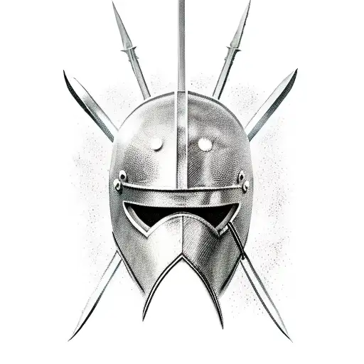 Battle Scarred Spartan Helmet On A Spartan Sword Stuck In The Ground