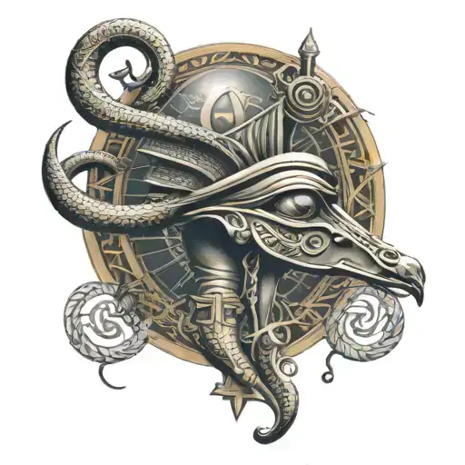 Rod Of Asclepius Anubis In The Background With The Eye Of Ra Above