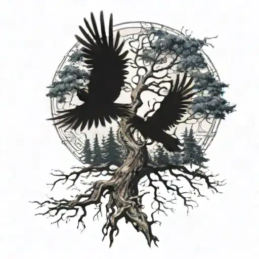 Tree Of Life In The Middle Of A Spruce Forest With Crows