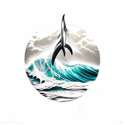 Palm Tree Island Waves Ocean Shark Dolphin