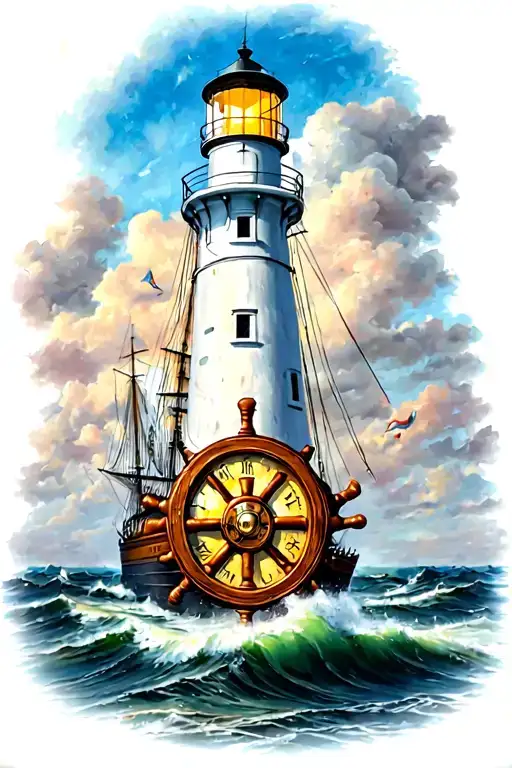 Lighthouse With Ships Wheel With Clock Inside