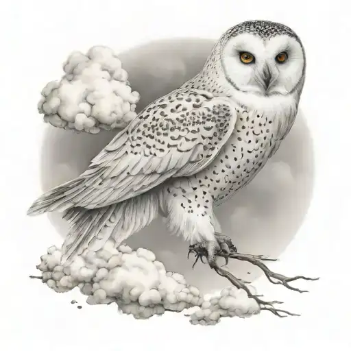 Snow Owl Flying Through Cloudy Sky
