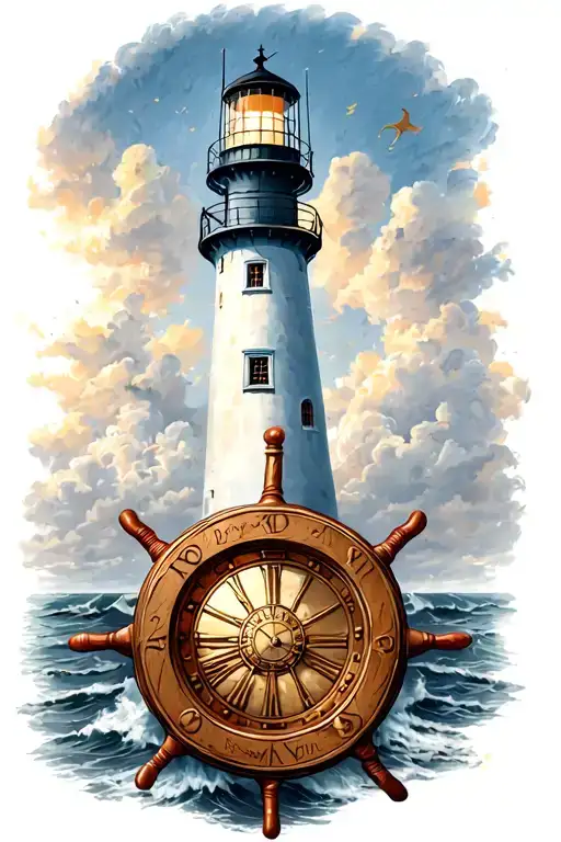 Ships Wheel With Clock Inside On A Lighthouse