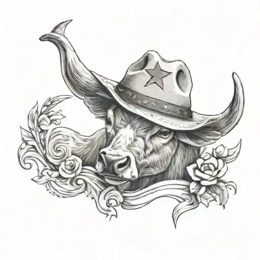 Texas Long Horn Wearing A Cowboy Hat With The Texas Star On The Hat