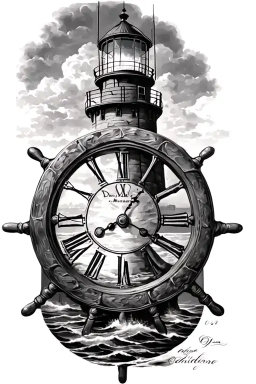Ships Wheel With Clock Inside On A Lighthouse