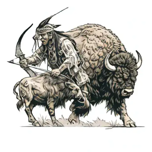 A Native American Hunter Aiming A Bow At A Charging Bison