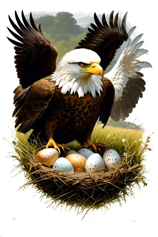 White Eagle Protecting 2 Hatched Eggs Amidst A Field