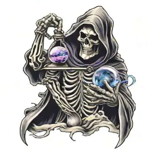Black And Grey Grim Reaper With His Hand Stretched Out Holding A Hourglass With Purple Sand