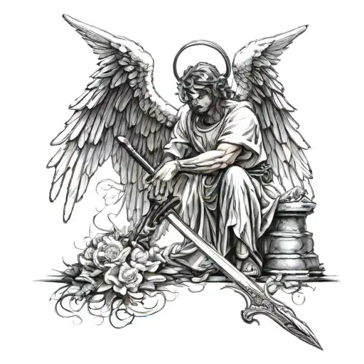Angel With Sword Kneeling Before A Cross