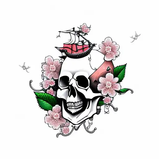 Skull With Cherry Blossom And Pirate Ship