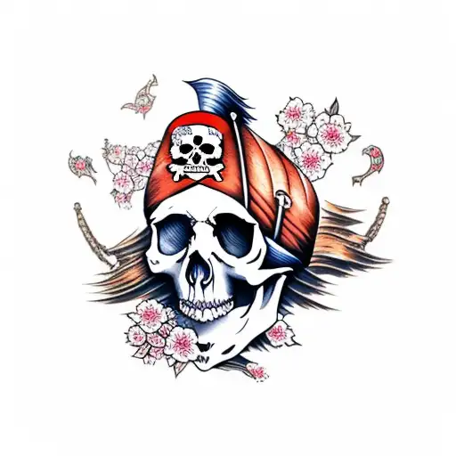 Pirate Ship With Skull And Cherry Blossom
