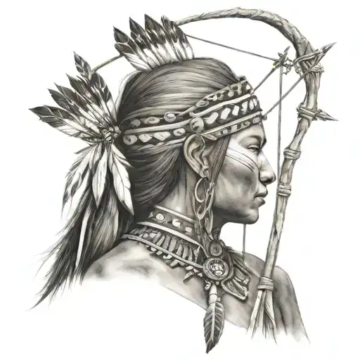 Native American Woman With Arrows And Bow On Her Back