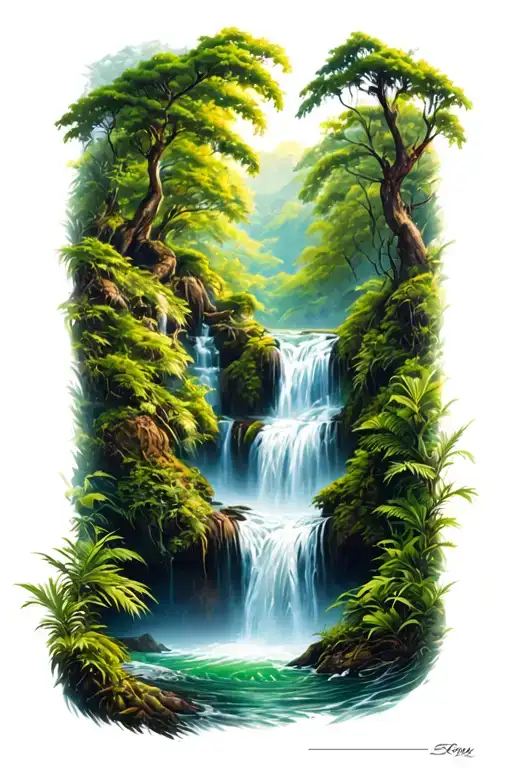 Waterfall Surrounded By Lush Greenery