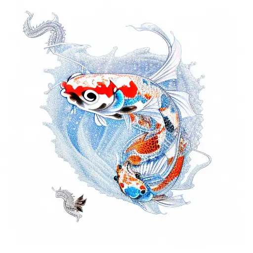 Koi Fish Dancing Around A Dragon