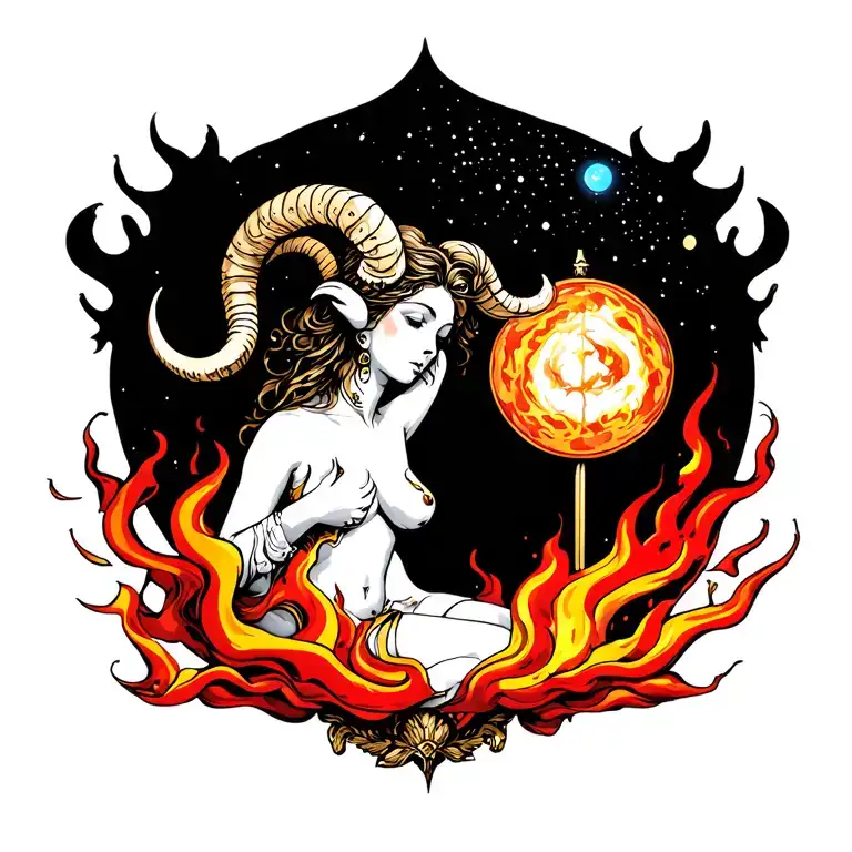 Sexy Aries Goddess Surrounded By Fire With Sign Incorporated With Mars Within Space