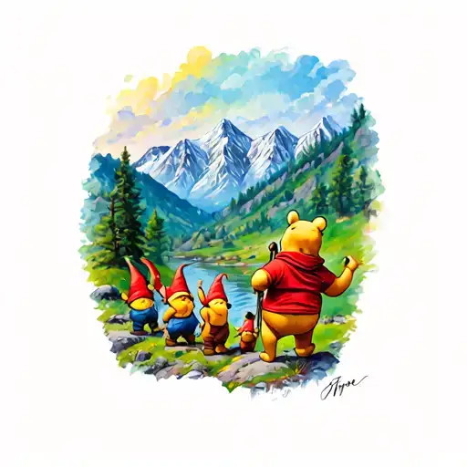 Winnie The Pooh Hiking Through A Colorful Mountain Landscape With A Group Of Gnomes