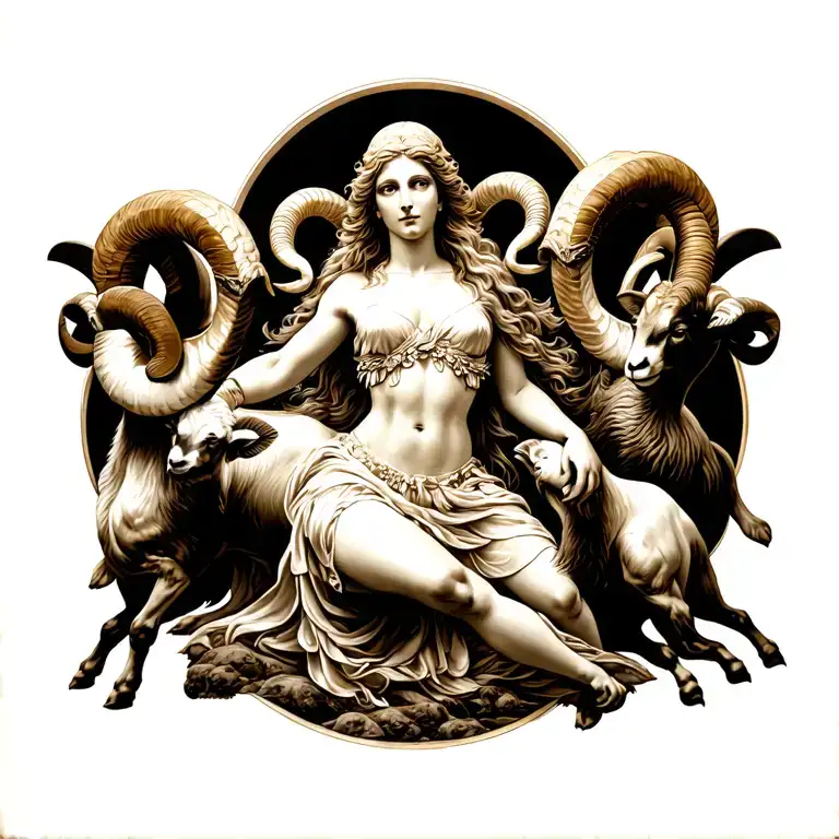Aries Goddess Surrounded By Rams Fighting In A Valley