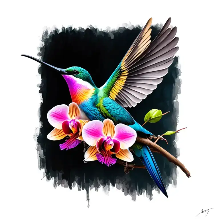 A Colibri In Vibrant Color And A Pastel Color Orchid With An A In Italics In The Rod