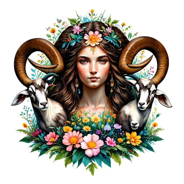 Aries Goddess Surrounded By Rams In A Valley Of Flowers