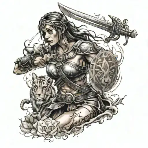 Beautiful Female Warrior Protecting Family