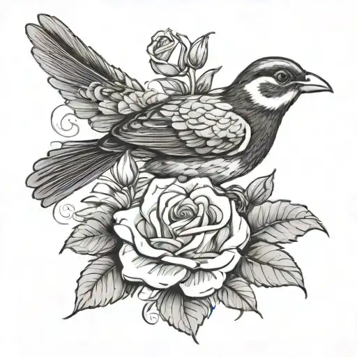 A Traditional Tattoo Design Of A Bird Carrying A Rose And Marigold In Its Beak