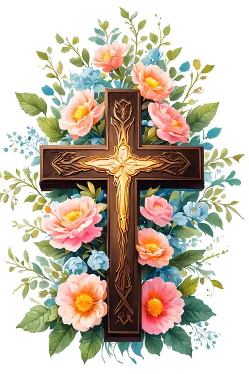 Christian Cross With Flowers Surrounding