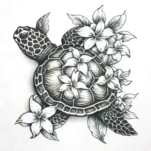 Loggerhead Sea Turtle With 5 Plumeria Flowers On It's Back