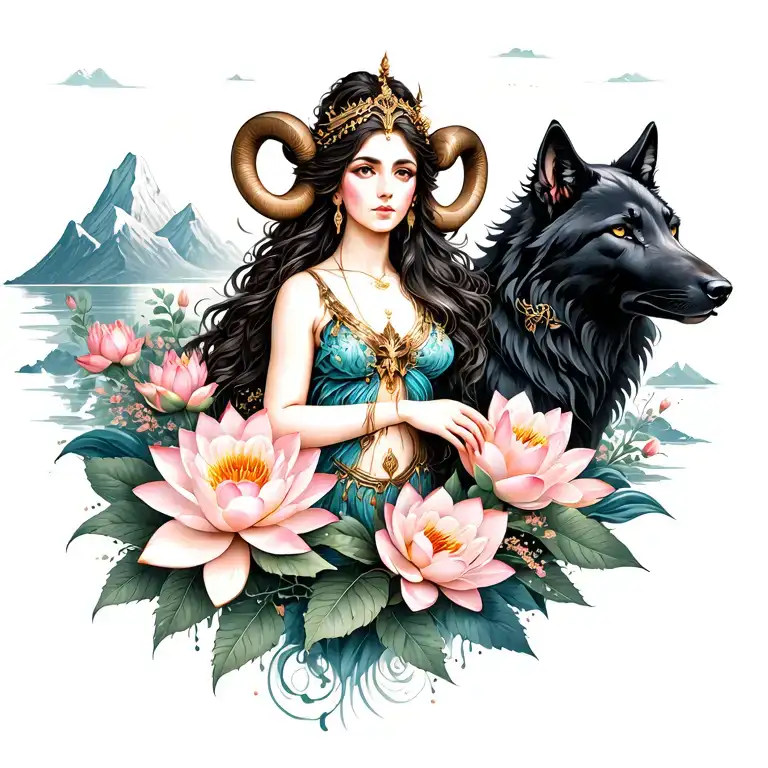 Aries Goddess Surrounded By Poeny And Lotus Flowers With A Black Wolf And Mountains