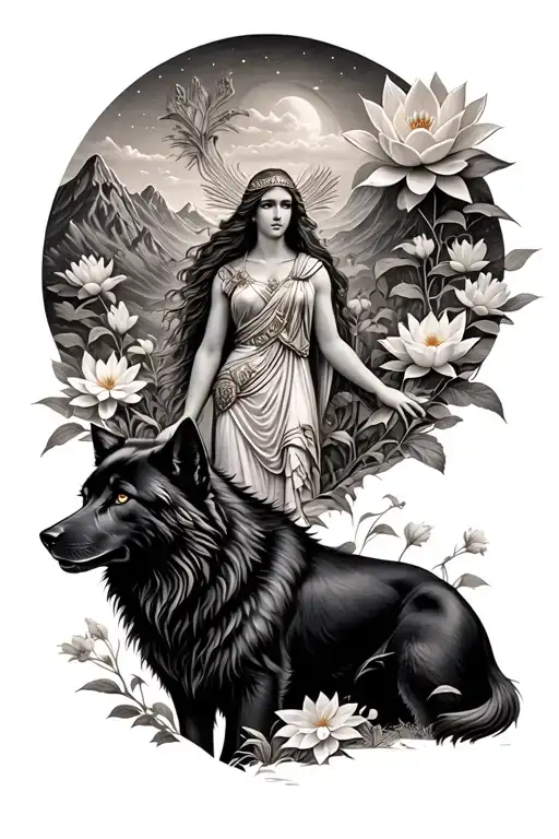 Athena Goddess Surrounded By Poeny And Lotus Flowers Growing With A Black Wolf In A Mountain Range