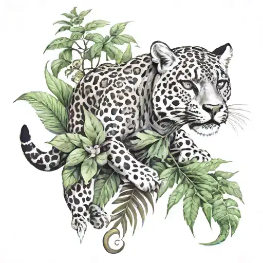 Gothic Jaguar And Dragon With Leafs And Ferns And Birds