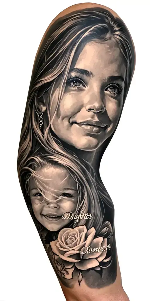Right Arm Sleeve Tattoo Featuring Daughter's And Wifes Names